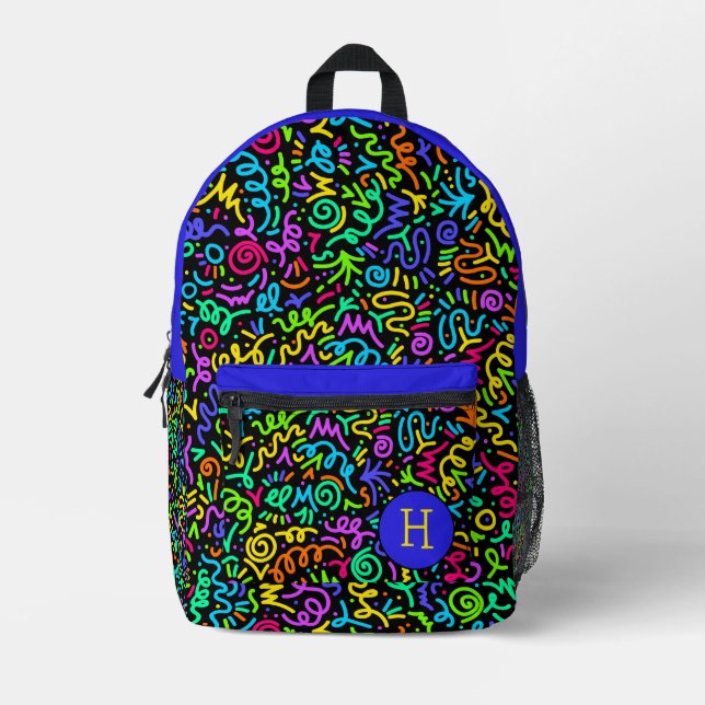 Neon Blue Squiggle Monogram  Printed Backpack (Front)