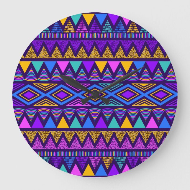 Neon Blue: Tribal Navajo Pattern Large Clock (Front)