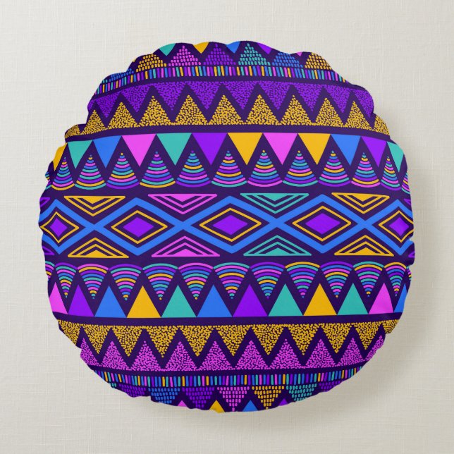 Neon Blue: Tribal Navajo Pattern Round Pillow (Front)