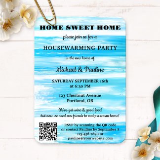 Neon Blue Turquoise Paint QR Housewarming Invitation
