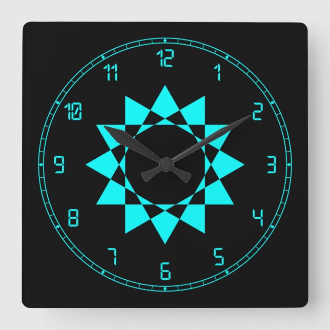 Neon Blue w/Star and Fun Frame Square Wall Clock (Front)