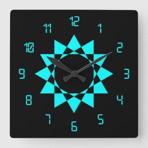 Neon Blue w/Star and Fun Numbers Square Wall Clock