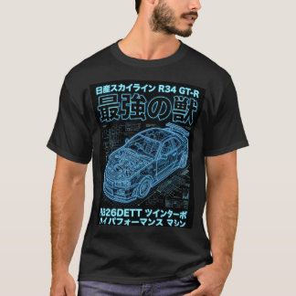 Neon Blueprint Skyline R34 Techwear Graphic T-Shirt