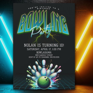 Neon Bowling Birthday Party Invitation for Boys