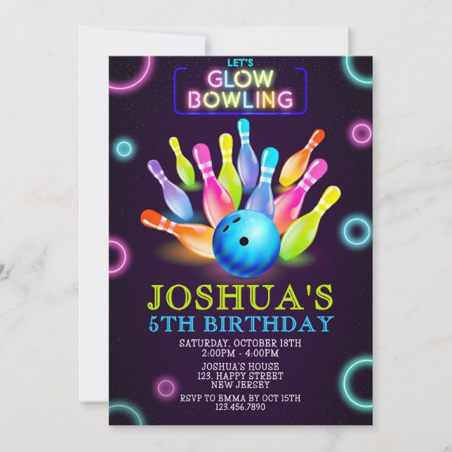 Neon Bowling Invitation Anniversaire. Neon invitat (Devant)