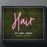 Neon Boxwood Hair Salon Professional Cosmetologist Plaque<br><div class="desc">Pink neon sign inspired "Hair" script over a boxwood greenery inspired background with custom white text.</div>