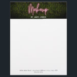 Neon Boxwood Makeup Professional Cosmetologist Letterhead<br><div class="desc">Pink neon sign inspired "Makeup" script over a boxwood greenery inspired background at top with name in white.  Custom text at bottom.</div>