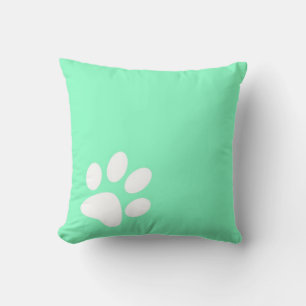 neon bright blue green teal pet paw print throw pillow