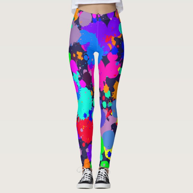 Neon bright colourful paint splatter leggings (Front)