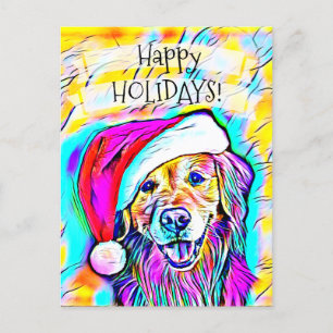 Neon Bright Colours Christmas Golden Retriever Art Holiday Postcard