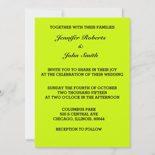 Neon Bright Lime Green Wedding Colourful Custom Invitation (Front)