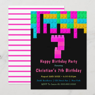 Neon Building Blocks 7th Birthday Invitations