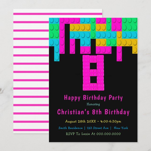 Neon Building Blocks 8th Birthday Invitations (Front/Back)