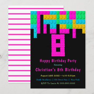 Neon Building Blocks 8th Birthday Invitations