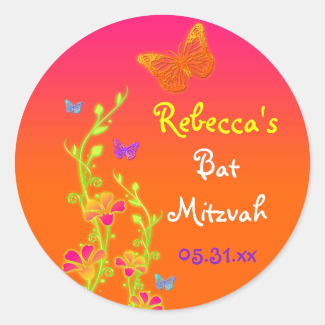 Neon Butterflies and Flowers Bat Mitzvah Sticker (Front)