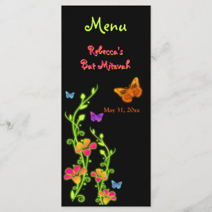 Neon Butterflies and Flowers Menu Card