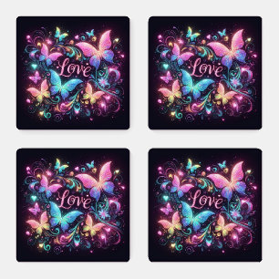 Neon Butterflies and Hearts with Love Coaster Set