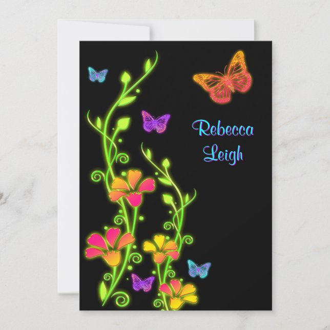 Neon Butterflies & Flowers Bat Mitzvah Invite 3 (Front)