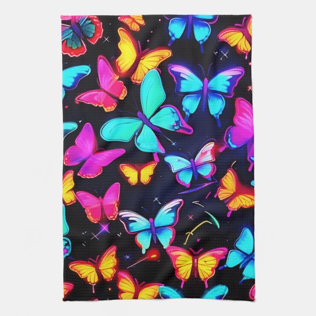 Neon Butterfly Pattern Kitchen Towel (Vertical)