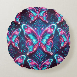 Neon butterfly pattern round pillow
