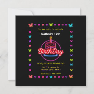 Neon Butterfly with Birthday Cake Birthday Card