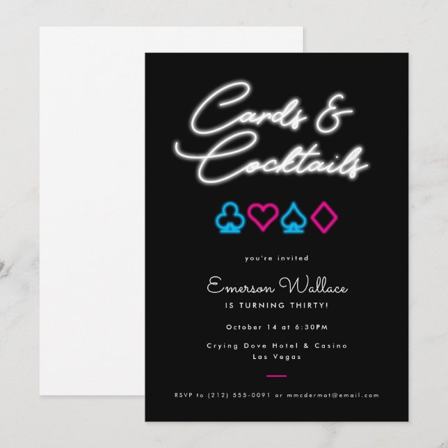 Neon Cards & Cocktails Birthday Party Invitation (Front/Back)