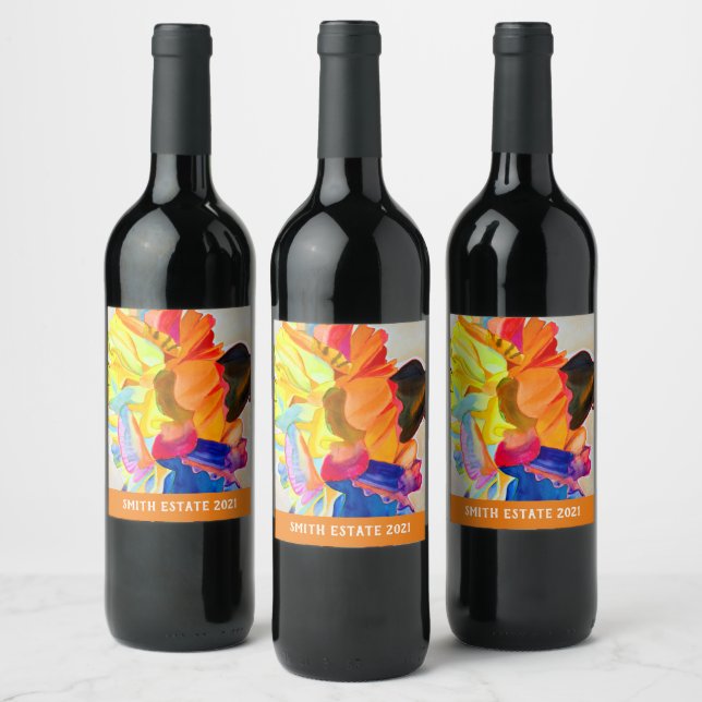 Neon Carnation watercolor flower Wine Label (Bottles)
