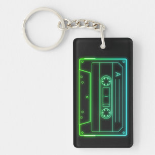 Neon Cassette Key Ring, Green Blue Retro Vaporwave Keychain