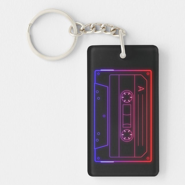 Neon Cassette Key Ring, Red Dark Blue Vaporwave Keychain (Front)