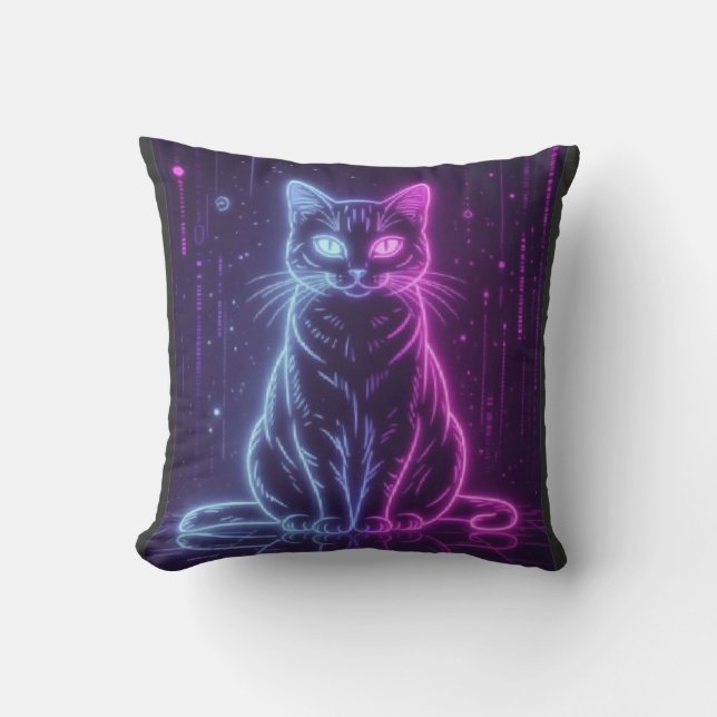 **Neon Cat Design – Glowing Futuristic Feline Art* Throw Pillow (Front)