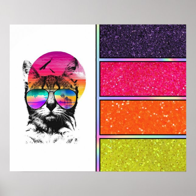 Neon Cat | Faux glitter Poster (Front)
