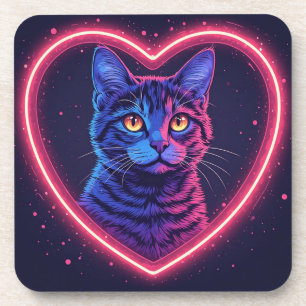 Neon Cat Heart Design – Cute Glowing Kitty Love Coaster