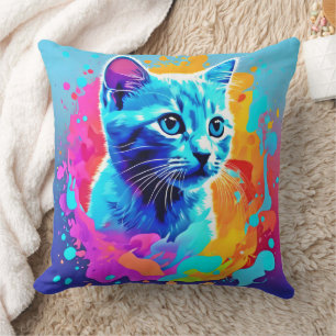 Neon Cat in Splatter Throw Pillow