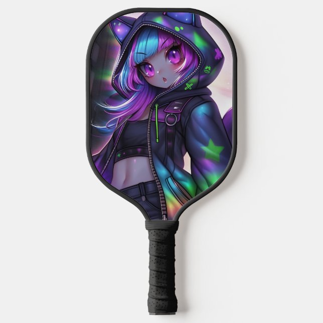 Neon Catgirl Pickleball Night Vibes Paddle (Front)