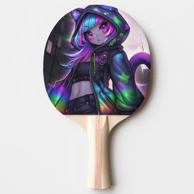 Neon Catgirl Table Tennis Vibes Ping Pong Paddle (Front)