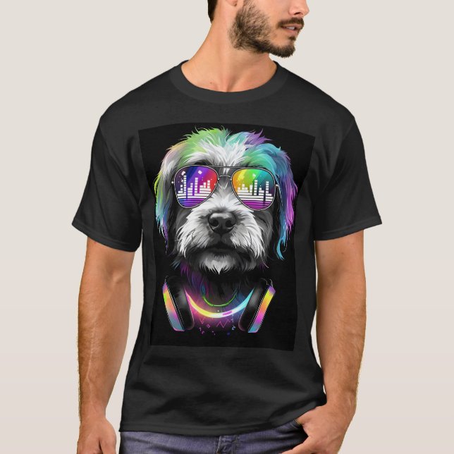 Neon Cavoodle avec casque T-shirt noir (Devant)