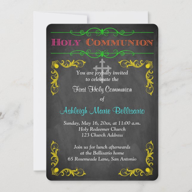 Neon Chalkboard First Holy Communion Invite (Front)