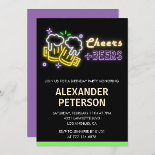 Neon Cheers Beer 32nd birthday invitation Men Glow