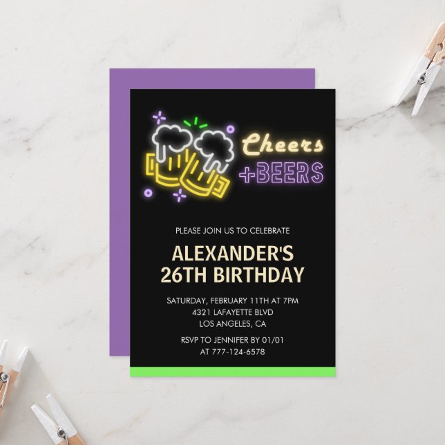 Neon Cheers Beer Black 26th birthday invitation (Front/Back In Situ)