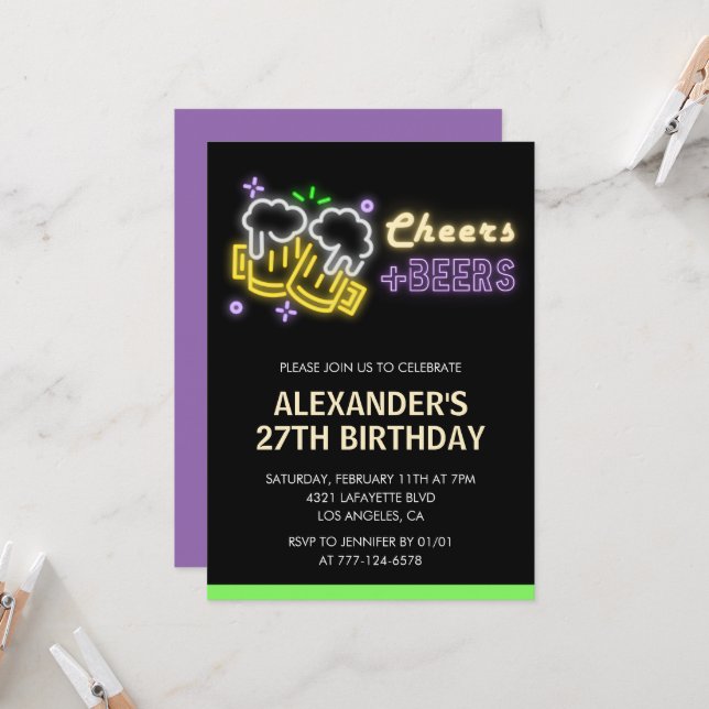 Neon Cheers Beer Black 27th birthday invitation (Front/Back In Situ)