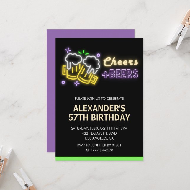 Neon Cheers Beer Black 57e anniversaire invitation (Devant/Arrière en situation)