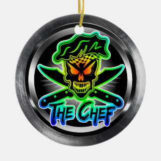 Neon Chef Skull Ceramic Ornament