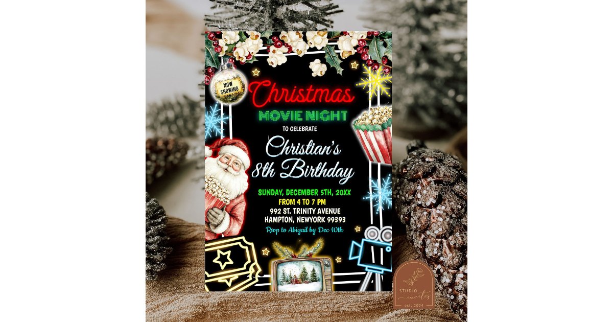 Neon Christmas Movie Night Kids Birthday Party Invitation | Zazzle