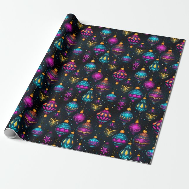 Neon Christmas Ornaments Wrapping Paper (Unrolled)