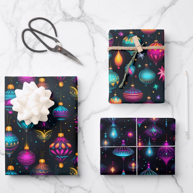 Neon Christmas Ornaments Wrapping Paper Sheet (Front)