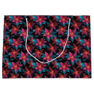 Neon Christmas Poinsettias Large Gift Bag