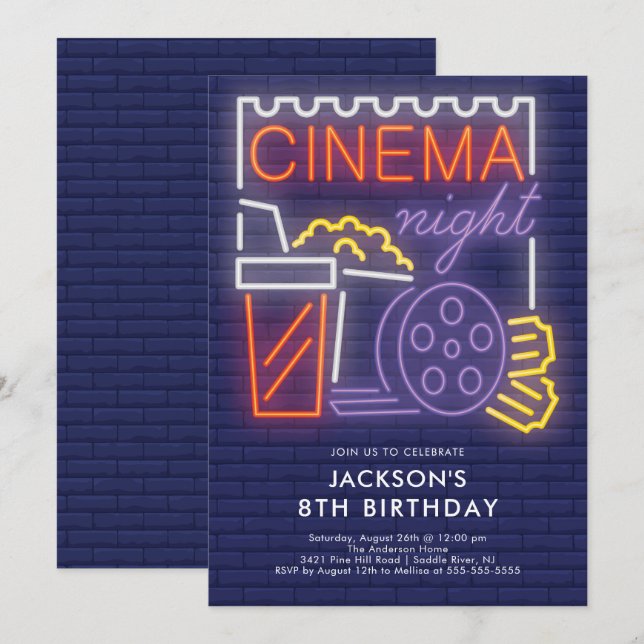 Neon Cinema Night Birthday Invitation (Front/Back)