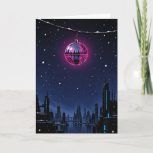 Neon Circuit Ornament over Cyberpunk City Skyline Holiday Card