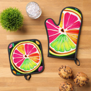 Neon Citrus Fruit Fiesta Oven Mitt & Pot Holder Set