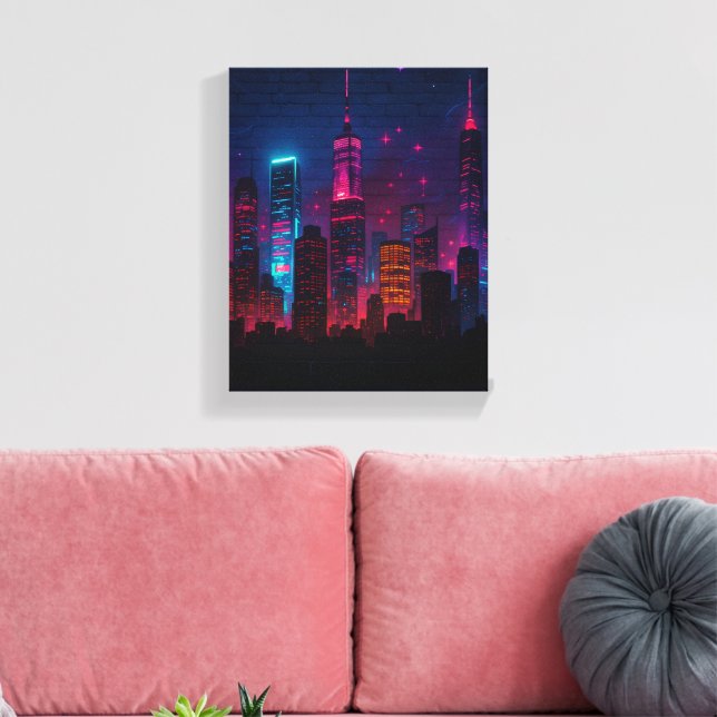 Neon City Skyline: Retro-Futurism Canvas Print (Insitu(LivingRoom))